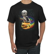 Funny Graphic Astronaut Cat in Space on Cheeseburger | Mens Cat Lover Graphic T-Shirt, Black, Small